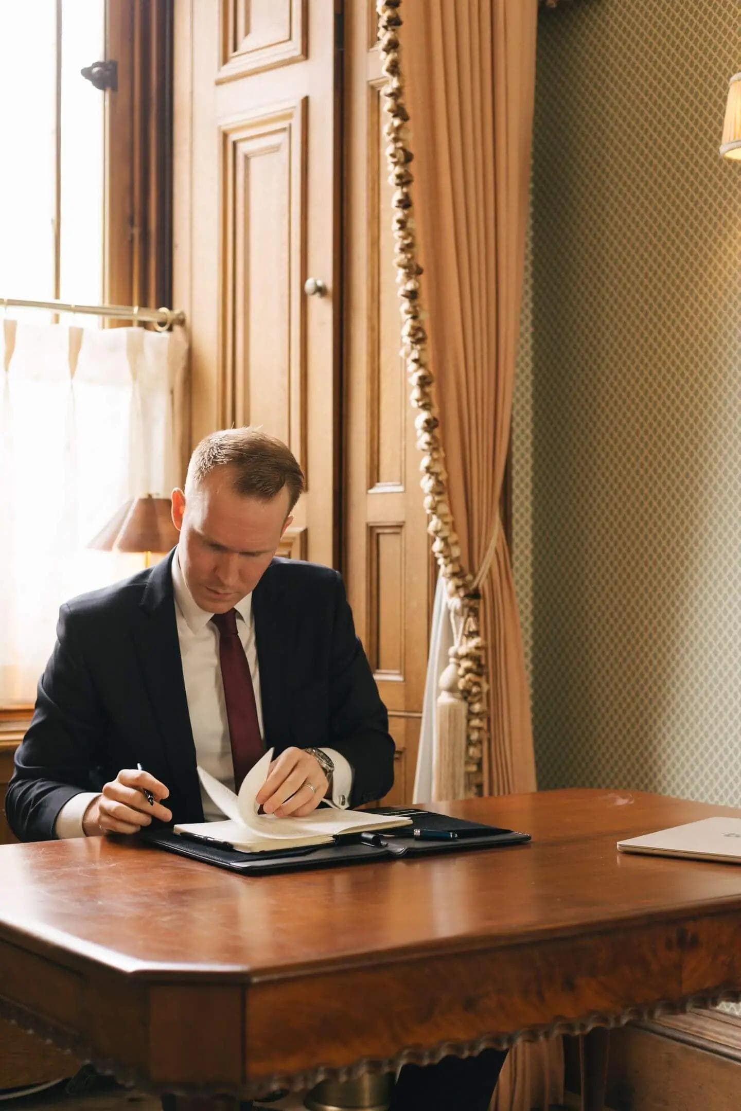 Alexander Martin, independent MP candidate for Edinburgh South, working at a desk